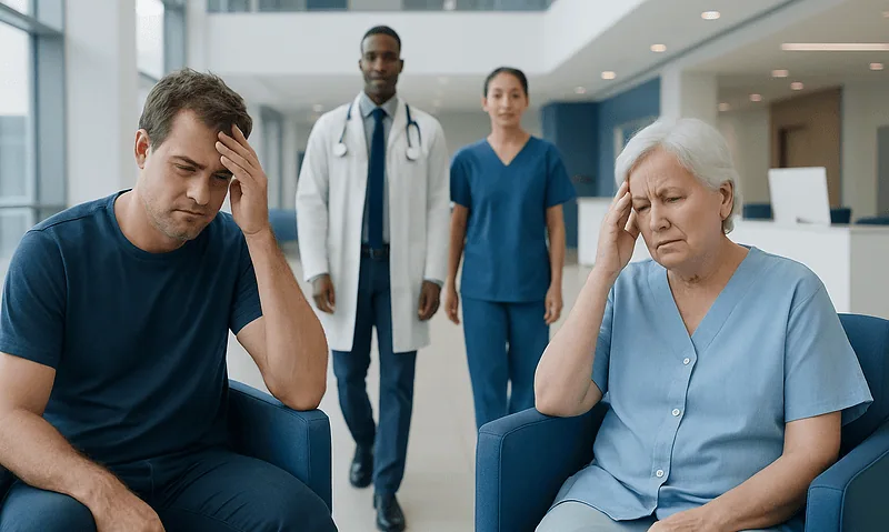 Patients experiencing headache symptoms in a hospital waiting area.