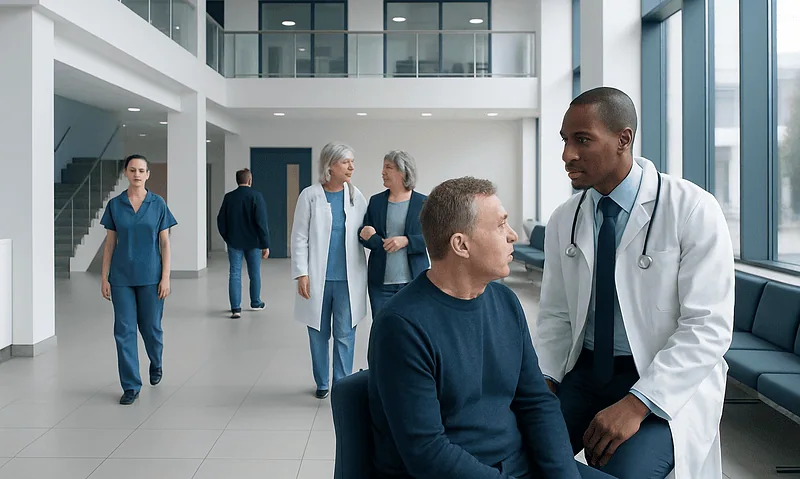 Doctor consulting patient in hospital lobby with staff in background.