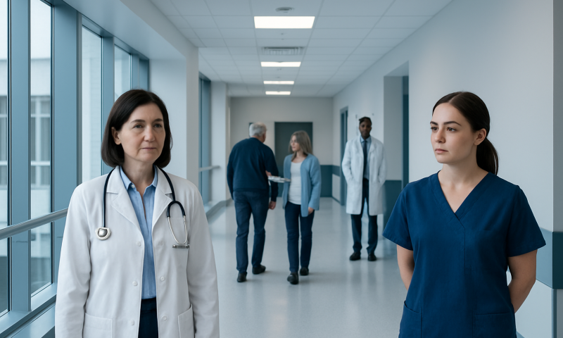 Medical professionals in hospital corridor with large windows and natural light.