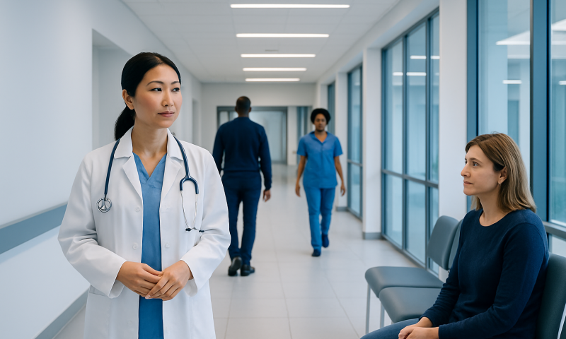 Doctor and patient in hospital corridor with medical staff in background.