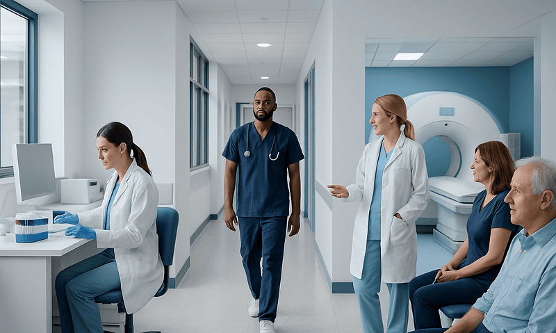 Medical team preparing for diagnostic imaging in a hospital corridor.