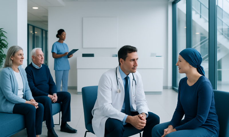 Doctor consulting with a female patient in a modern hospital waiting area.