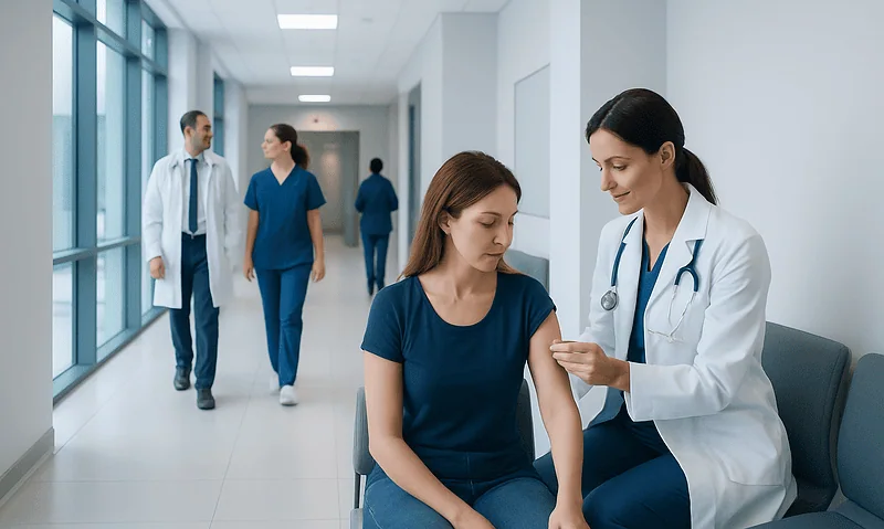 Doctor administering a B12 shot to a patient in a hospital corridor.
