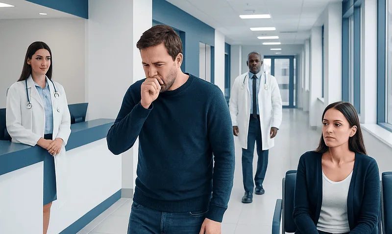 Man with cold symptoms in hospital corridor with medical staff nearby.