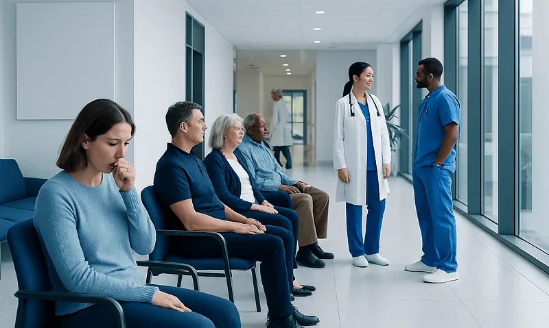 Patients waiting in a hospital corridor with medical staff talking to a nurse.