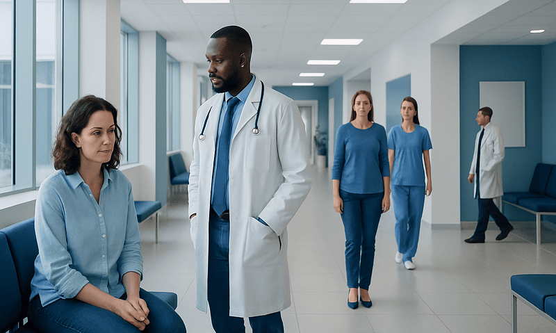 Medical consultation in a modern hospital corridor with healthcare professionals.