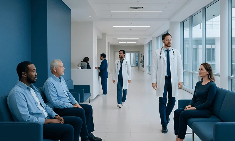 Doctors and patients in a modern hospital corridor.