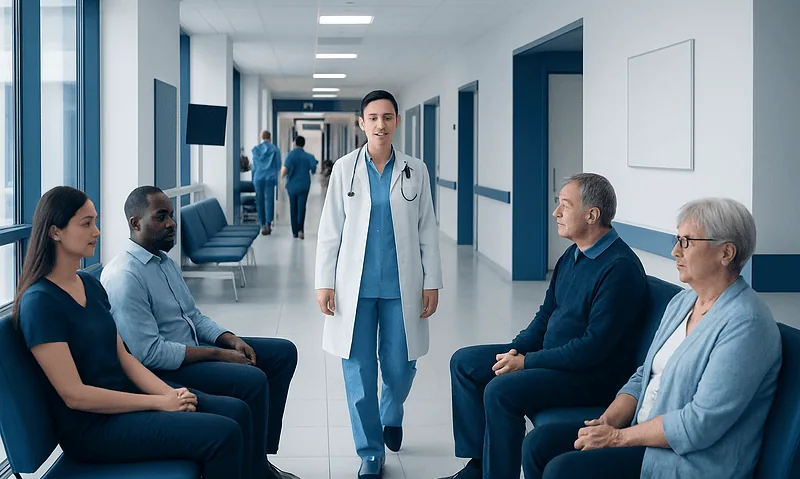 Doctor consulting with patients in hospital corridor.