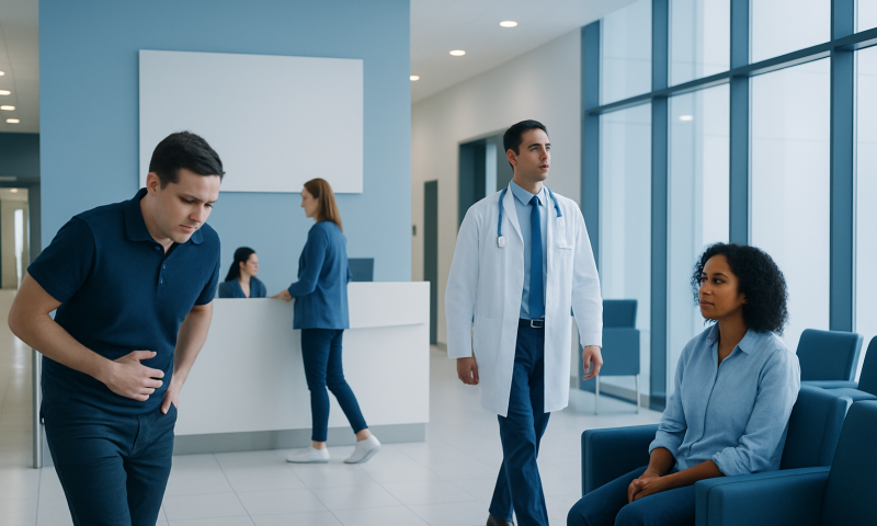 Patient experiencing abdominal pain in hospital waiting area.