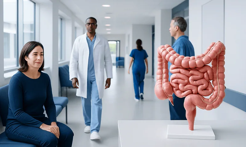 Medical professionals and a model of the human intestines in a hospital corridor.