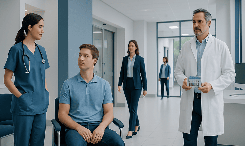 Medical team consulting with patient in hospital corridor.