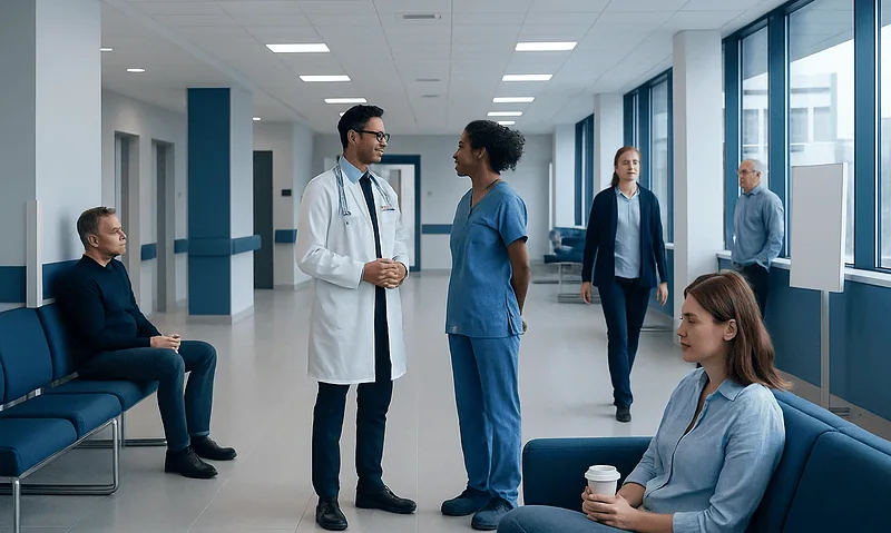 Doctors and patients in a hospital corridor engaging in conversation.