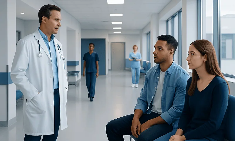Doctor consulting with young patients in hospital corridor.