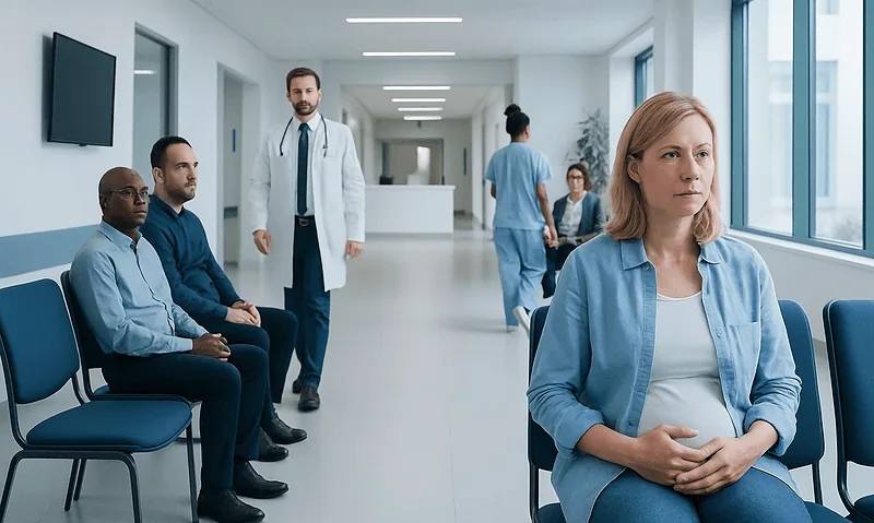 Pregnant woman waiting in a hospital corridor with medical staff nearby.