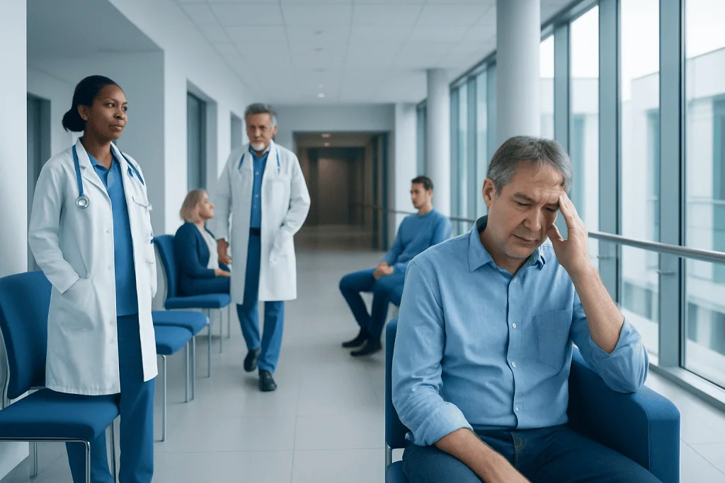 Long COVID and the Nervous System: When Specialist Neurology Evaluation Helps 1 Patient experiencing headache in neurology clinic with medical staff nearby.