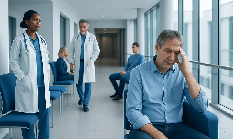 Patient experiencing headache in neurology clinic with medical staff nearby.