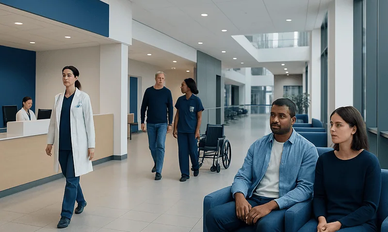 Hospital waiting area with staff and patients at Acibadem Hospitals Group.