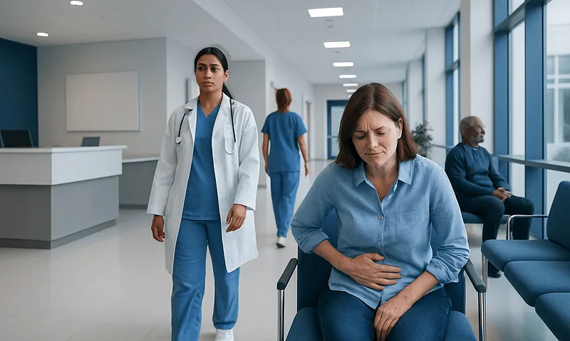 Patient experiencing stomach pain in hospital corridor with medical staff nearby.