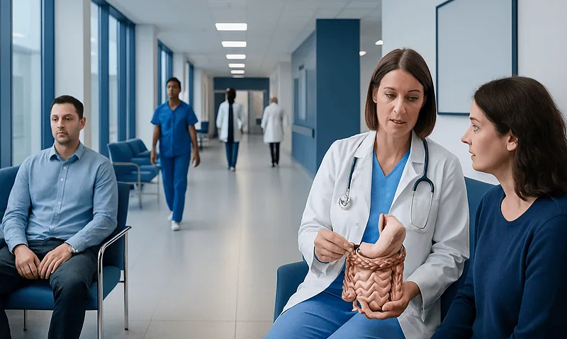 Doctor explaining digestive system to patient in hospital corridor.