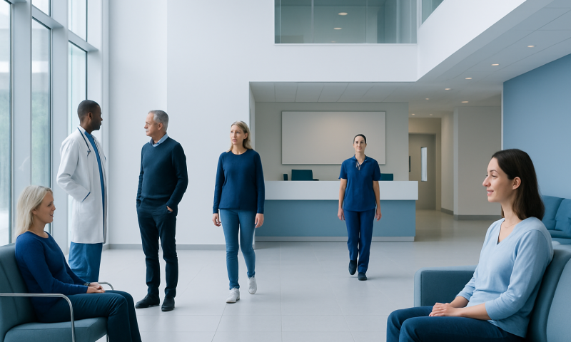 Hospital waiting area with medical staff and patients in a modern facility.