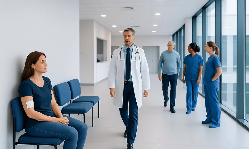 Doctor consulting patient in hospital corridor with medical staff nearby.