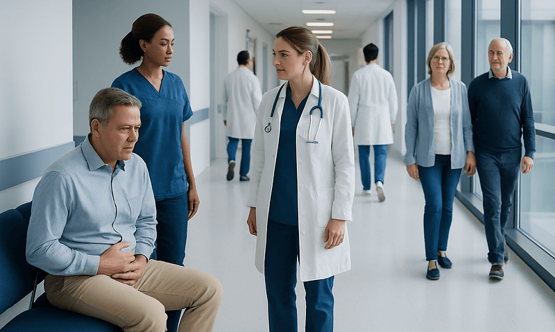 Doctor consulting a patient in a hospital corridor with staff and visitors nearby.