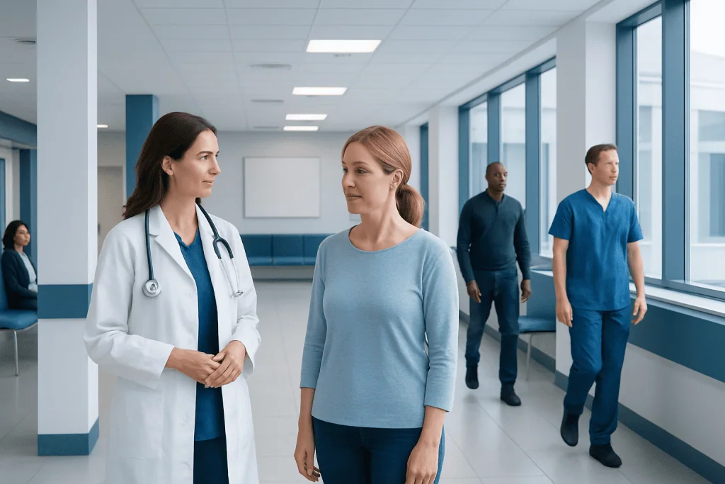 Brow Lift Results: How Long They Last and What Affects Longevity 1 Doctor consulting a patient in a modern hospital corridor.