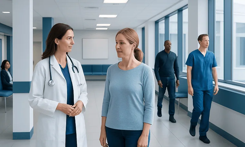 Doctor consulting a patient in a modern hospital corridor.