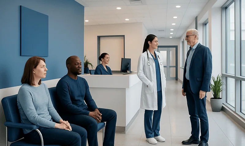 Doctor consulting with patient in hospital corridor at Acibadem Hospitals Group.