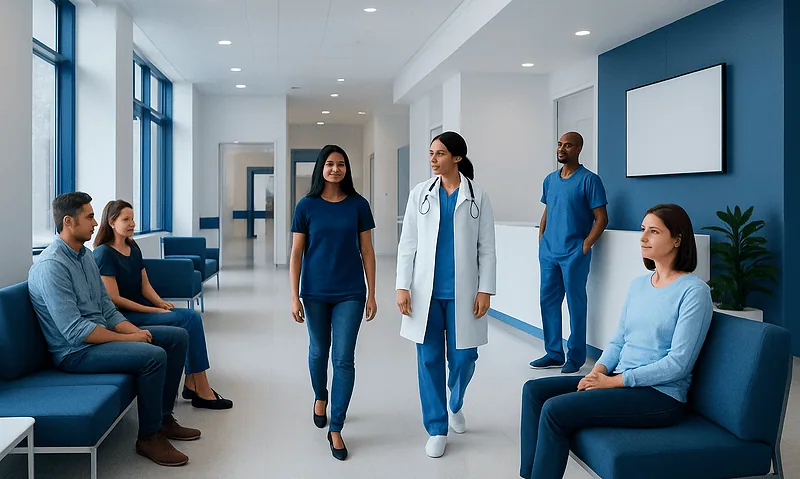 How Long Do Periods Last? Causes, Explanations, and Next Steps 5 Medical team walking through hospital corridor with patients waiting.