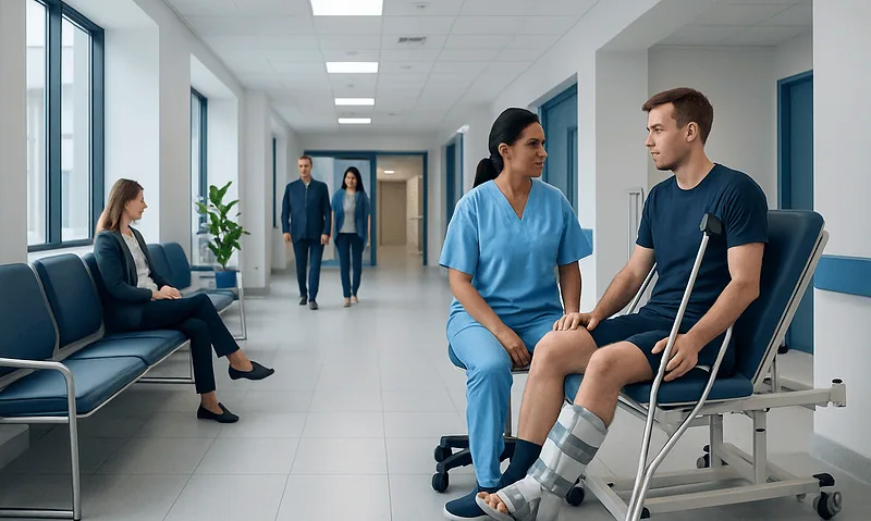 Patient with leg injury consulting with nurse in hospital corridor.