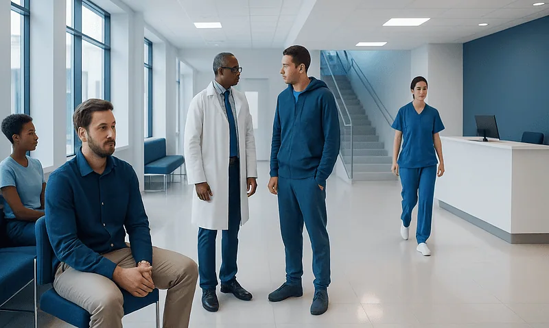 Medical professionals and patients in a hospital waiting area.