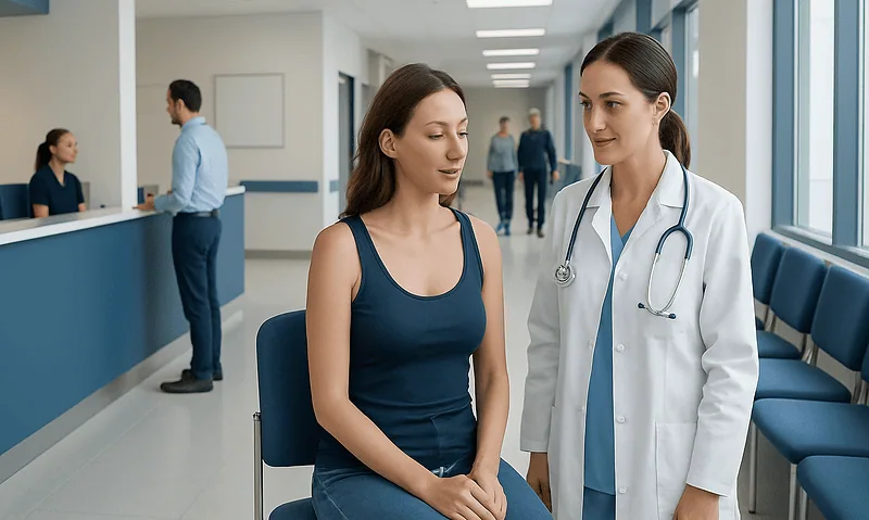 Patient consulting with doctor in hospital corridor for breast augmentation.