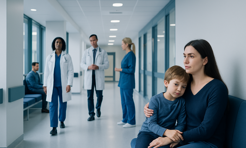 Child and mother waiting in hospital corridor with medical staff nearby.