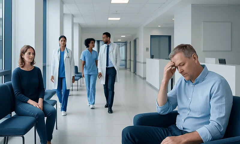 Patient waiting in hospital corridor with medical staff walking by.