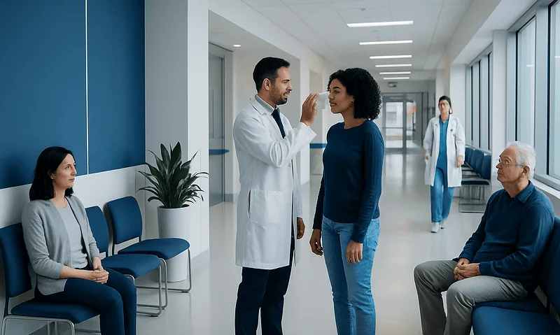 How Long Does Eye Dilation Last? Causes, Explanations, and Next Steps 6 Doctor explaining eye exam to patient in hospital corridor.