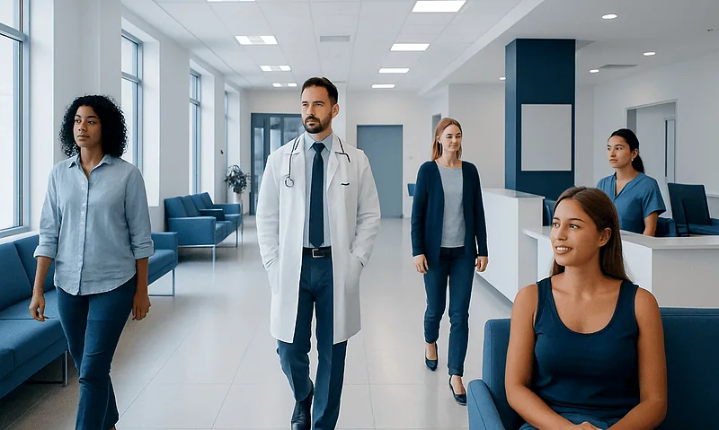 Medical team walking in hospital corridor at Acibadem Hospitals Group.