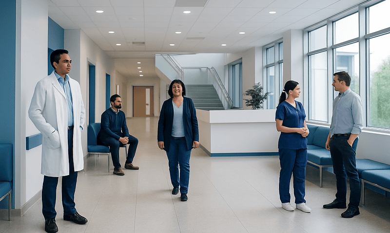 Healthcare professionals and staff in a modern hospital corridor.