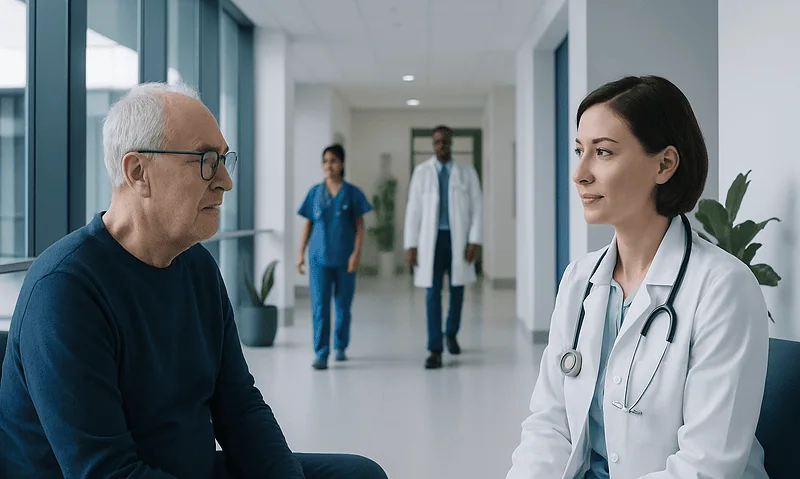 Doctor consulting with elderly patient in hospital corridor.
