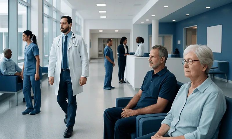 Hospital waiting area with patients and medical staff at Acibadem Hospitals Group.