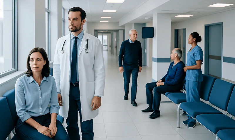 Medical consultation in a hospital corridor with doctors and patients.