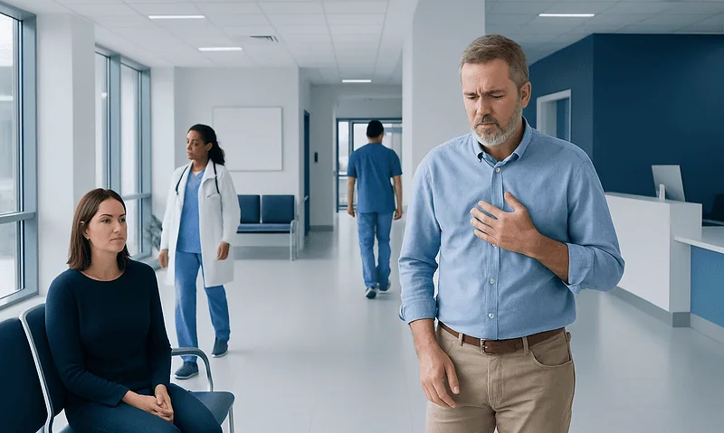 Man experiencing chest pain in hospital corridor with medical staff nearby.
