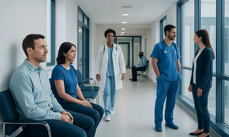 Medical team consulting patients in hospital corridor.