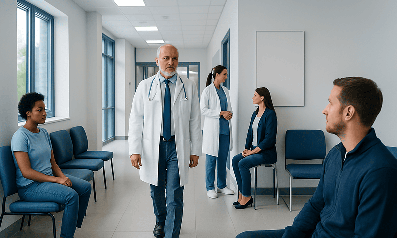 Doctor consulting with young patient in hospital corridor.