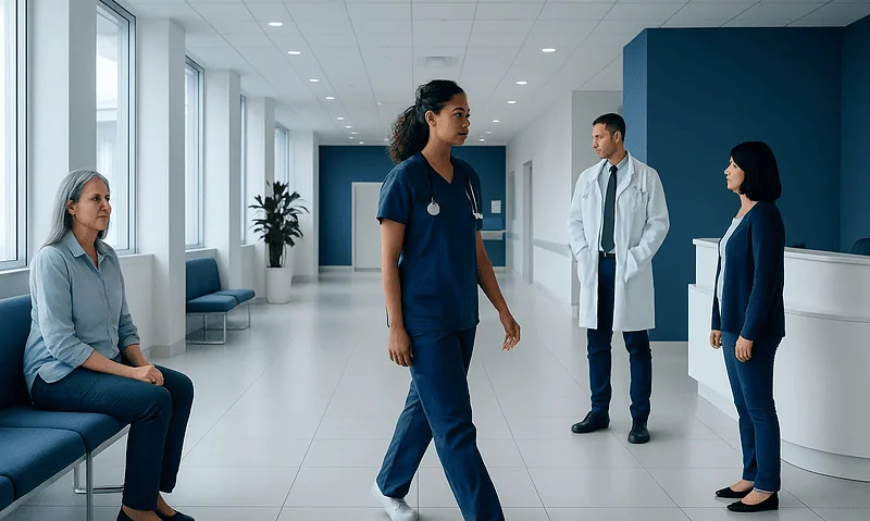 Healthcare professionals and patient in a modern hospital corridor.