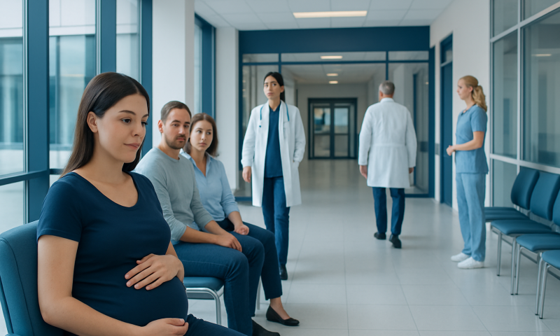 Pregnant woman waiting in hospital corridor with medical staff and patients.