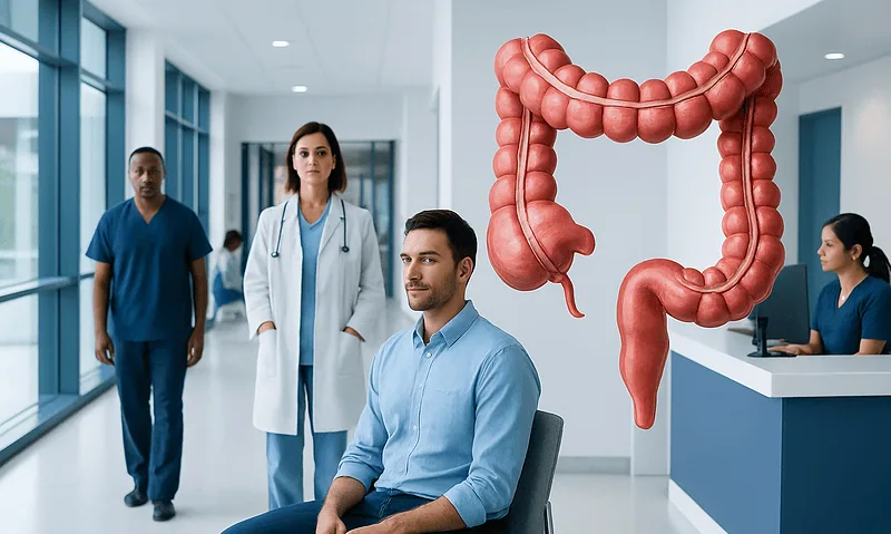 Medical consultation about the colon with doctors and a large colon diagram.