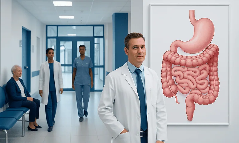 Doctor standing in hospital corridor with digestive system diagram.