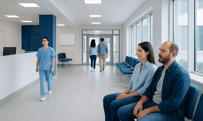 Patients waiting in a modern hospital corridor with medical staff nearby.
