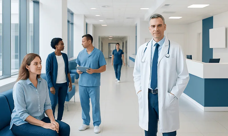 Medical team and patient in a modern hospital corridor.